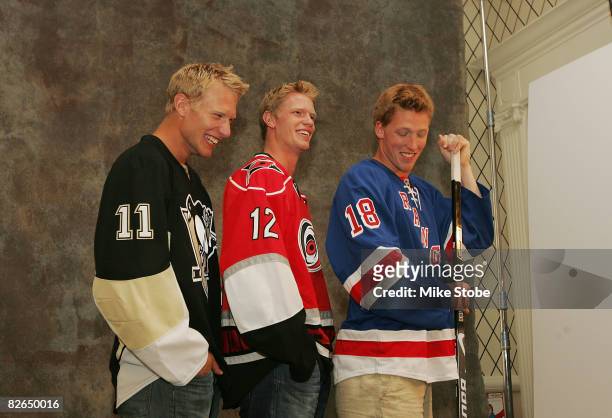 Eric Staal of the Carolina Hurricanes , Marc Staal of the New York Rangers and Jordan Staal of the Pittsburgh Penguins share a laugh during an NHLI...