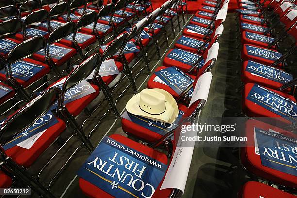 Cowboy hat sits on a delegate chair among signs on day three of the Republican National Convention at the Xcel Energy Center on September 3, 2008 in...