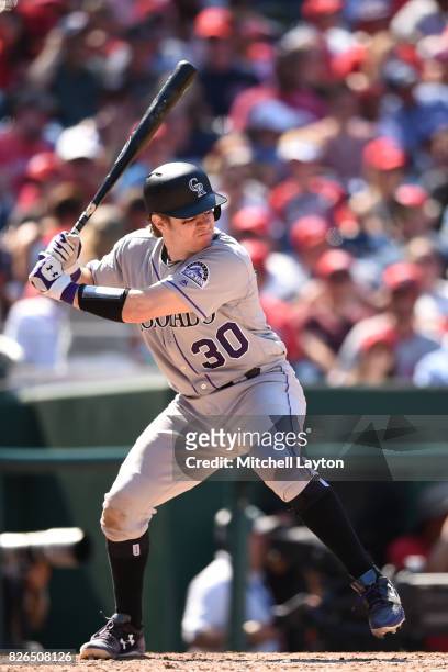 Ryan Hanigan of the Colorado Rockies prepares for a pitch during game one of a doubleheader baseball game against the Washington Nationals at...