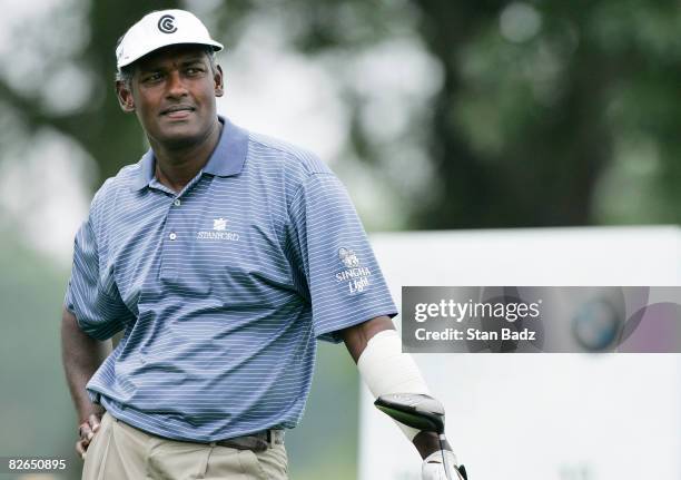 Vijay Singh watches his drive from the ninth tee box during the Pro-Am round for the BMW Championship held at Bellerive Country Club on September 3,...