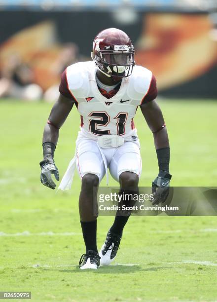 Rashad Carmichael of the Virginia Tech Hokies defends against the East Carolina Pirates at Bank of America Stadium on August 30, 2008 in Charlotte,...