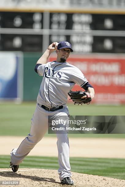 James Shields of the Tampa Bay Rays pitches during the game against the Oakland Athletics at McAfee Coliseum in Oakland, California on August 14,...