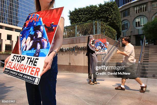 Demonstrators protest the annual Japanese dolphin hunt during Japan Dolphin Day 2008 near the Japanese consulate September 3, 2008 in Los Angeles,...