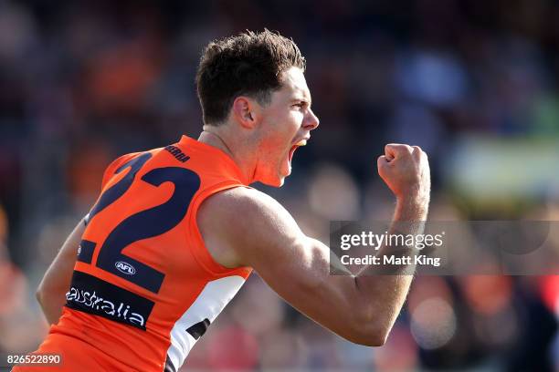 Josh Kelly of the Giants celebrates a goal during the round 20 AFL match between the Greater Western Sydney Giants and the Melbourne Demons at UNSW...