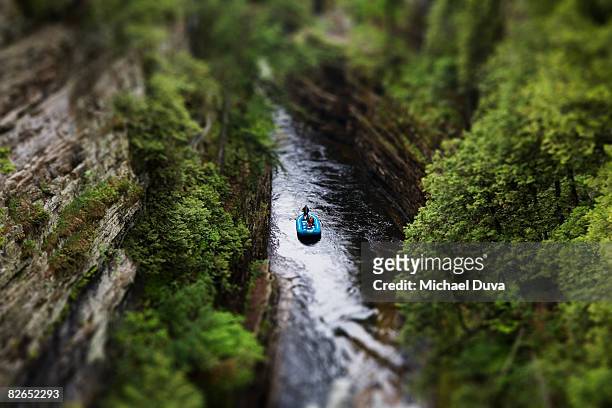 selective focus of a raft floating down a river - tilt shift stock pictures, royalty-free photos & images