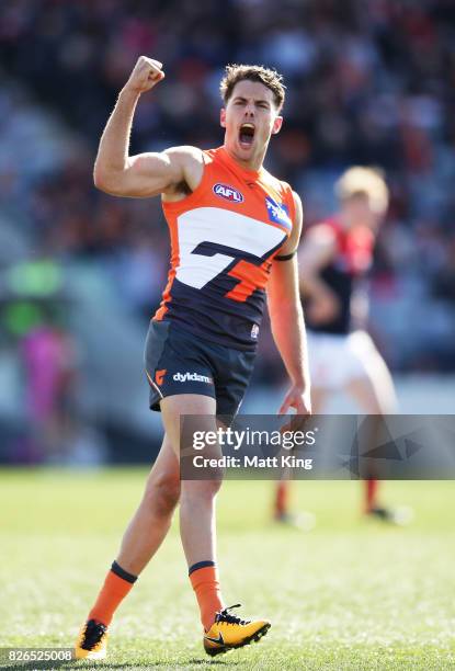 Josh Kelly of the Giants celebrates a goal during the round 20 AFL match between the Greater Western Sydney Giants and the Melbourne Demons at UNSW...