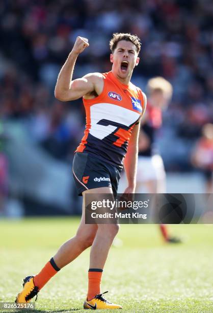 Josh Kelly of the Giants celebrates a goal during the round 20 AFL match between the Greater Western Sydney Giants and the Melbourne Demons at UNSW...