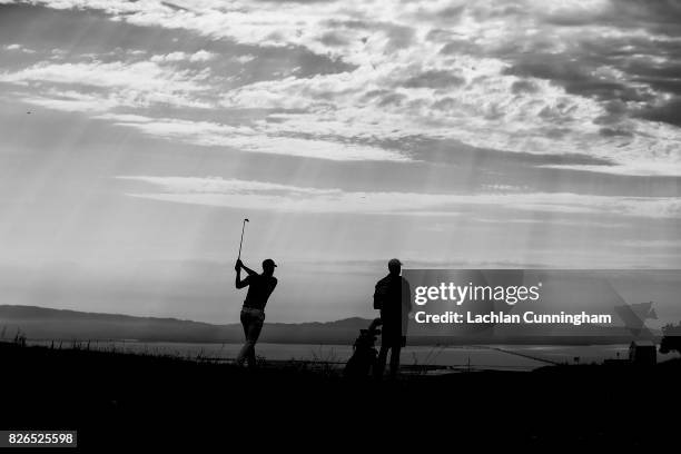 Stephen Curry and his caddie Jonnie West play up the ninth hole during round two of the Ellie Mae Classic at TCP Stonebrae on August 4, 2017 in...