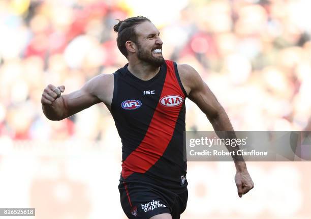 Cale Hooker of the Bombers celebrates after scoring a goal during the round 20 AFL match between the Essendon Bombers and the Carlton Blues at...