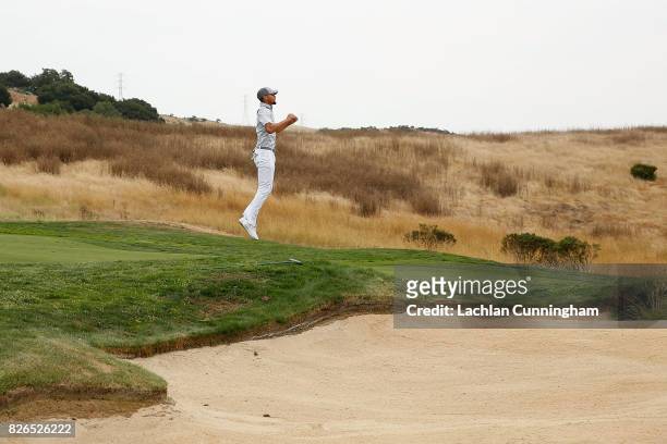 Stephen Curry jumps to see over a hill on the first hole during round two of the Ellie Mae Classic at TCP Stonebrae on August 4, 2017 in Hayward,...