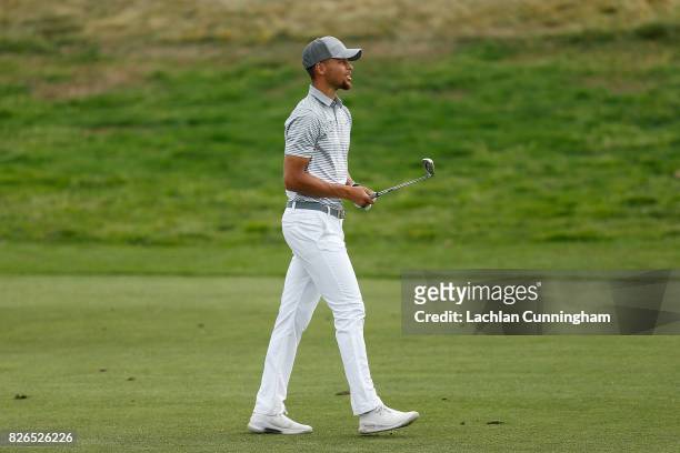 Stephen Curry walks up the eleventh fairway during round two of the Ellie Mae Classic at TCP Stonebrae on August 4, 2017 in Hayward, California.