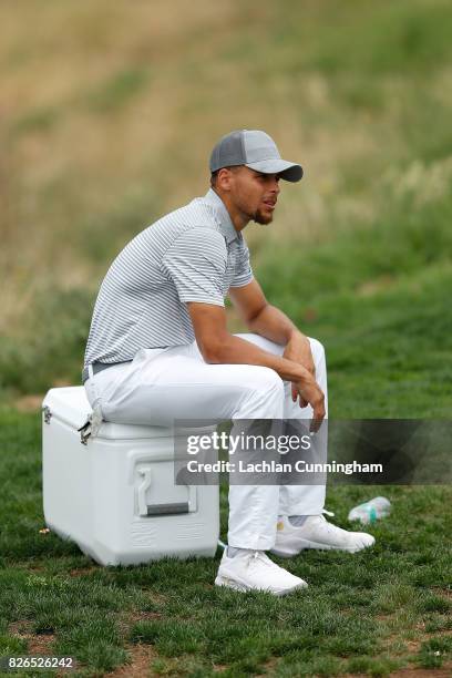 Stephen Curry waits to tee off on the second hole during round two of the Ellie Mae Classic at TCP Stonebrae on August 4, 2017 in Hayward, California.