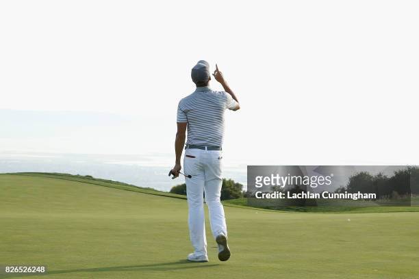 Stephen Curry celebrates a birdie on the fifteenth hole during round two of the Ellie Mae Classic at TCP Stonebrae on August 4, 2017 in Hayward,...