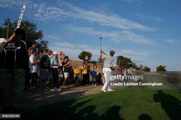 Stephen Curry plays a shot from near the path on the fifteenth hole during round two of the Ellie Mae Classic at TCP Stonebrae on August 4, 2017 in...