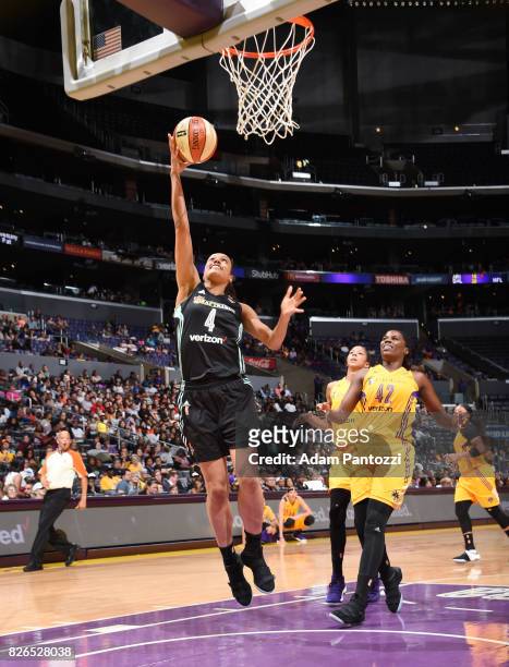 Nayo Raincock-Ekunwe of the New York Liberty shoots the ball against the Los Angeles Sparks on August 4, 2017 at the STAPLES Center in Los Angeles,...