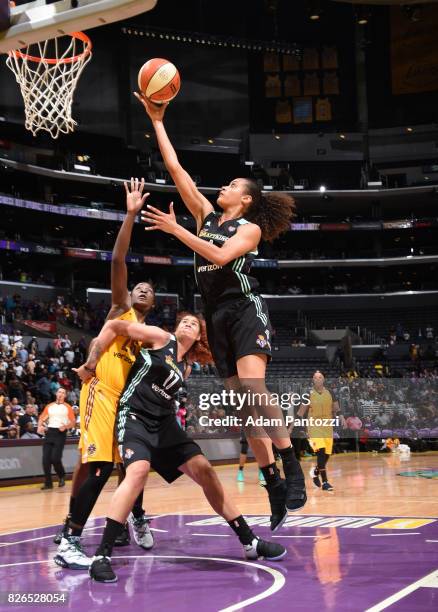 Nayo Raincock-Ekunwe of the New York Liberty shoots a lay up against the Los Angeles Sparks on August 4, 2017 at the STAPLES Center in Los Angeles,...