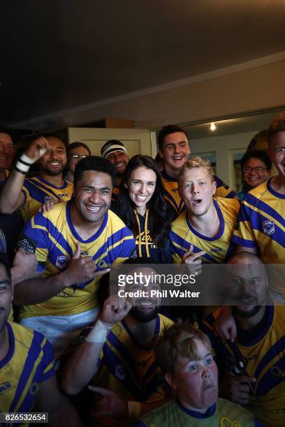 Labour Party Leader Jacinda Ardern meets players from the Mt Albert Rugby League Premiere team following their match against Te Atatu on August 5,...