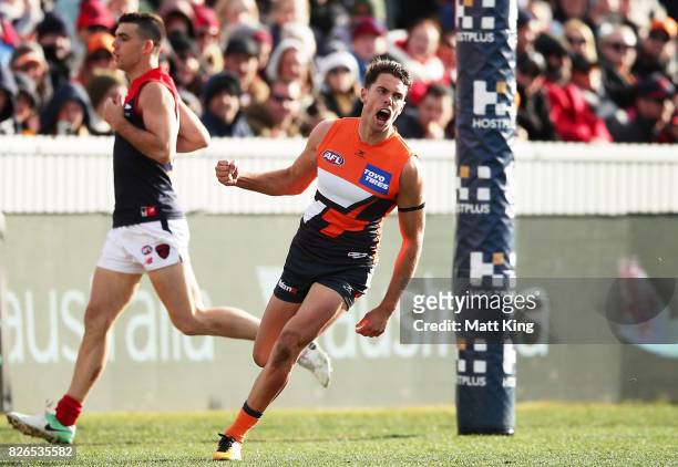 Josh Kelly of the Giants celebrates a goal during the round 20 AFL match between the Greater Western Sydney Giants and the Melbourne Demons at UNSW...
