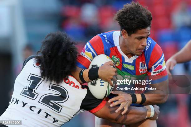 Dane Gagai of the Knights in action during the round 22 NRL match between the Newcastle Knights and the New Zealand Warriors at McDonald Jones...