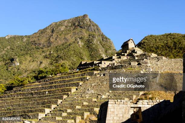 terrazas y caseta de guardia en machu picchu, perú - ogphoto fotografías e imágenes de stock