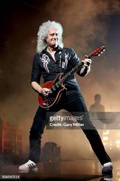 Brian May performs in concert with Queen at the American Airlines Center on August 4, 2017 in Dallas, Texas.