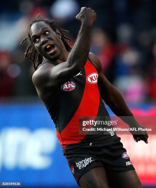 Anthony McDonald-Tipungwuti of the Bombers celebrates a goal during the 2017 AFL round 20 match between the Essendon Bombers and the Carlton Blues at...