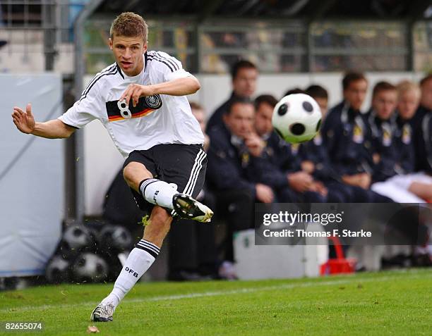 Thomas Mueller of Germany crosses the ball during the men's U20 International friendly match between Germany and Austria at the Heidewald stadium on...