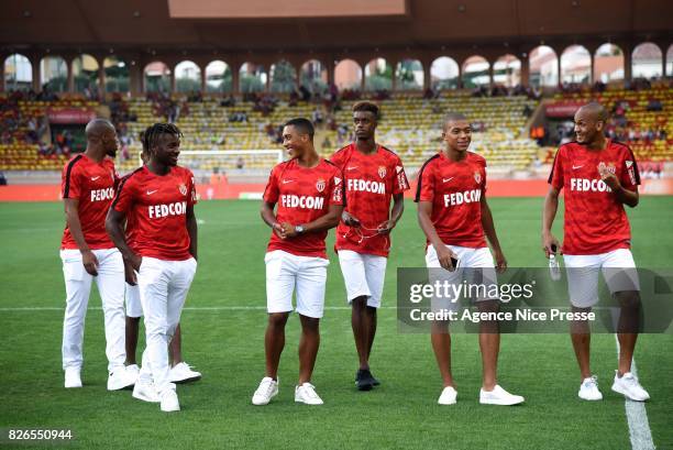 Djibril Sidibe , Allan Saint Maximin, Youri Tielemans, Adama Diakhaby, Kylian Mbappe and Fabinho of Monaco during the Ligue 1 match between AS Monaco...