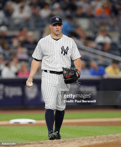 Pitcher Tommy Kahnle of the New York Yankees reacts in an MLB baseball game against the Detroit Tigers on July 31, 2017 at Yankee Stadium in the...
