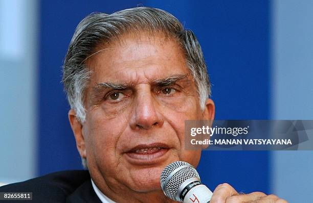 Chairman of India's Tata Motors Ratan Tata addresses a panel-discussion during The Society of Indian Automobile Manufacturers Annual General Meeting...