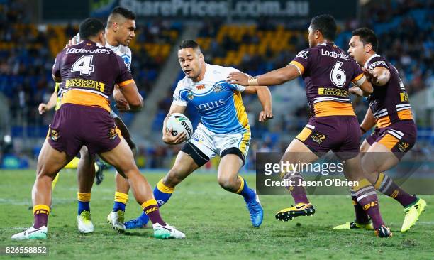 Jarryd Hayne of the titans in action during the round 22 NRL match between the Gold Coast Titans and the Brisbane Broncos at Cbus Super Stadium on...