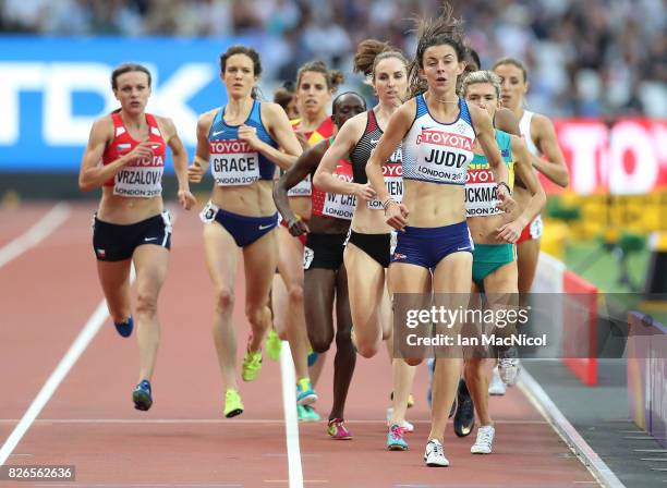 Jessica Judd of Great Britain competes in the Women's 1500m heats during day one of the 16th IAAF World Athletics Championships London 2017 at The...