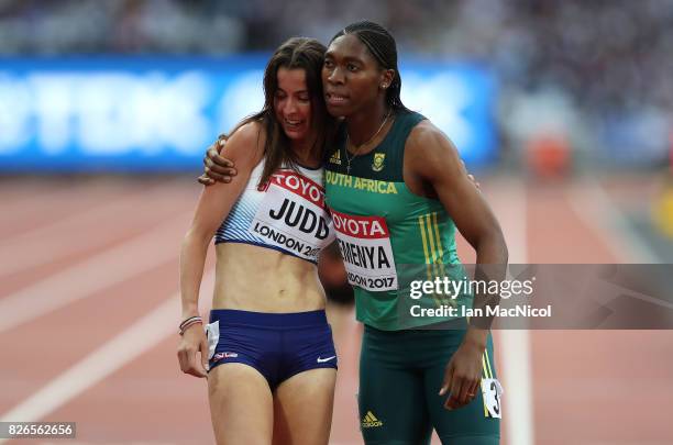 Jessica Judd of Great Britain and Caster Semenya of South Africa are seen during the Women's 1500m heats during day one of the 16th IAAF World...