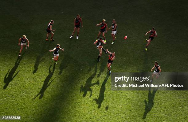 Matthew Kreuzer of the Blues kicks the ball during the 2017 AFL round 20 match between the Essendon Bombers and the Carlton Blues at the Melbourne...