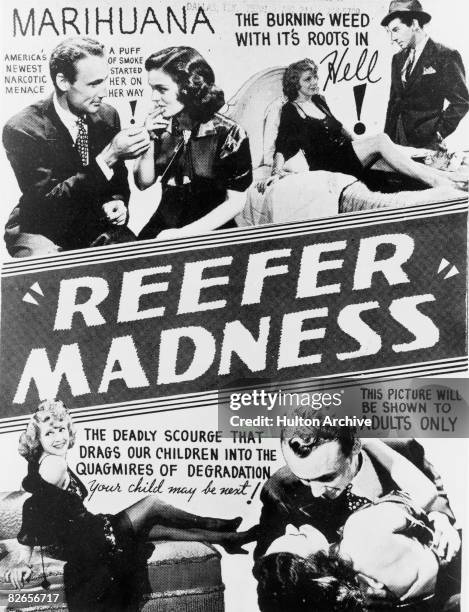 Poster advertising 'Reefer Madness', an anti-drugs exploitation film, dealing with the pitfalls of marijuana smoking, directed by Louis J. Gasnier,...