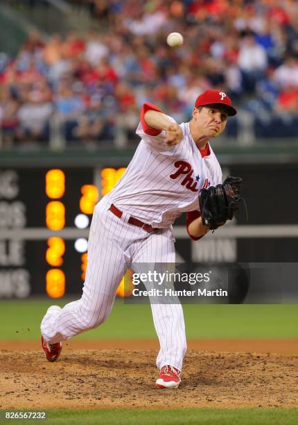 Jerad Eickhoff of the Philadelphia Phillies throws a pitch during a game against the Atlanta Braves at Citizens Bank Park on July 29, 2017 in...