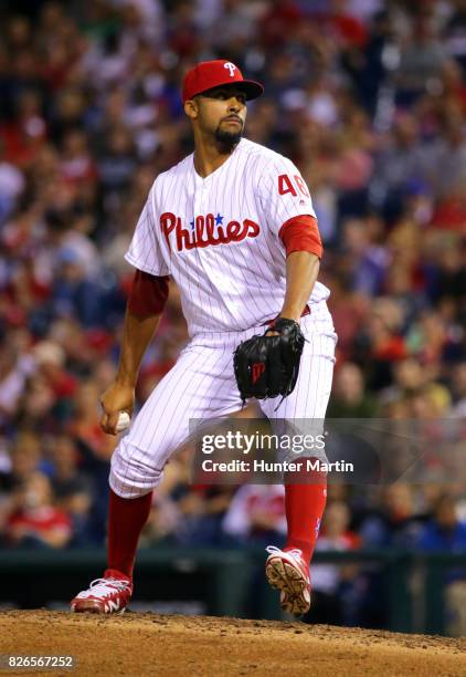 Jesen Therrien of the Philadelphia Phillies throws a pitch during a game against the Atlanta Braves at Citizens Bank Park on July 29, 2017 in...