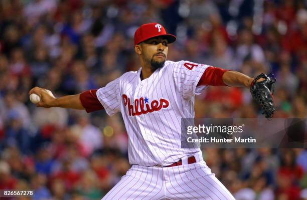 Jesen Therrien of the Philadelphia Phillies throws a pitch during a game against the Atlanta Braves at Citizens Bank Park on July 29, 2017 in...