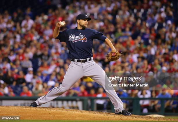 Jim Johnson of the Atlanta Braves throws a pitch during a game against the Philadelphia Phillies at Citizens Bank Park on July 29, 2017 in...