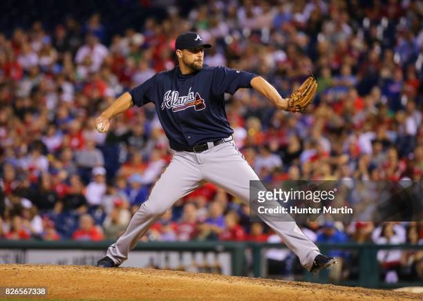 Jim Johnson of the Atlanta Braves throws a pitch during a game against the Philadelphia Phillies at Citizens Bank Park on July 29, 2017 in...
