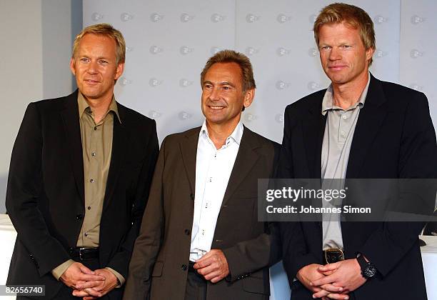 Host Johannes B. Kerner, Dieter Gruschwitz of ZDF and Oliver Kahn address the media during a press conference at the Allianz Arena on September 4,...