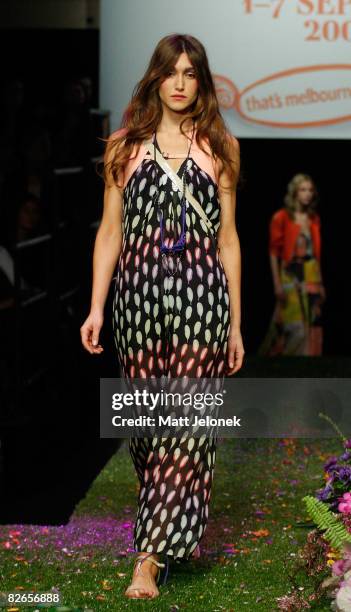 Model showcases designs by Ginger & Smart as part of the KaleidEscape catwalk show on the third day of Melbourne Spring Fashion Week 2008, at...