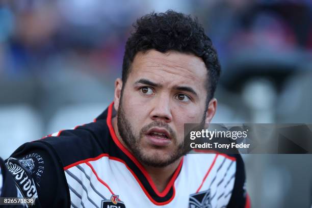 Jazz Tevaga of the Warriors during the round 22 NRL match between the Newcastle Knights and the New Zealand Warriors at McDonald Jones Stadium on...
