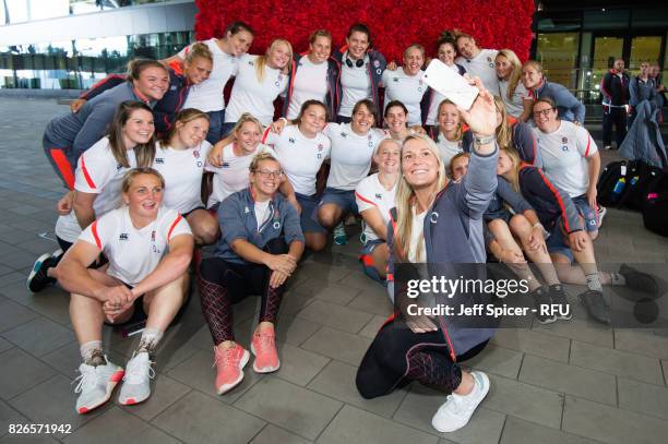 Rachel Burford takes a selfie with her England Womens' Rugby team mates as they depart for the Rugby World Cup at Heathrow Airport on August 5, 2017...