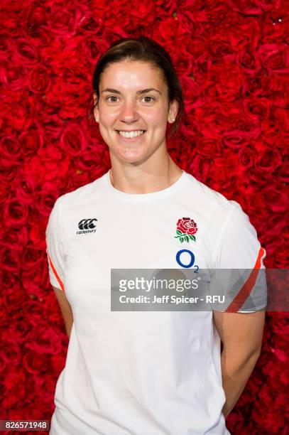 Sarah Hunter, captain of England Women's Rugby poses for a portrait as the team depart for the Rugby World Cup at Heathrow Airport on August 5, 2017...