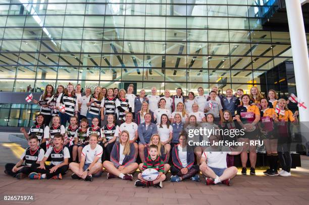 The England Womens' Rugby team pose with fans and well wishers as they depart for the Rugby World Cup at Heathrow Airport on August 5, 2017 in...