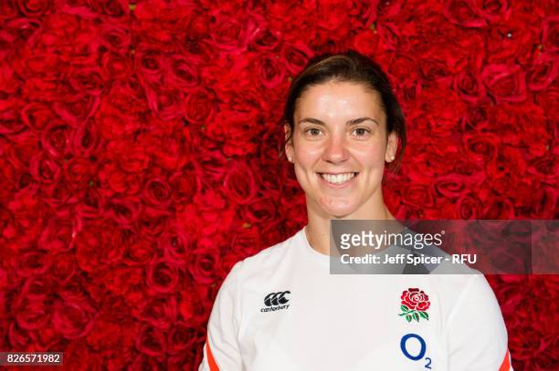 Sarah Hunter, captain of England Women's Rugby poses for a portrait as the team depart for the Rugby World Cup at Heathrow Airport on August 5, 2017...