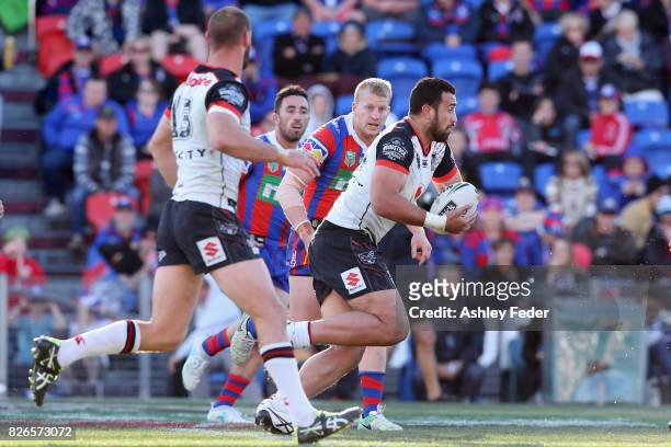 Lachlan Fitzgibbon of the Warriros in action during the round 22 NRL match between the Newcastle Knights and the New Zealand Warriors at McDonald...
