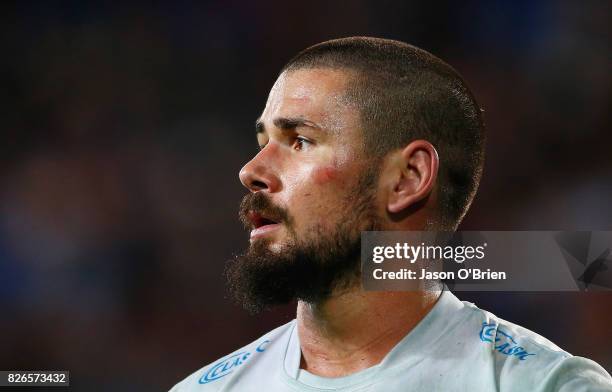 Nathan Peats of the titans looks on during the round 22 NRL match between the Gold Coast Titans and the Brisbane Broncos at Cbus Super Stadium on...