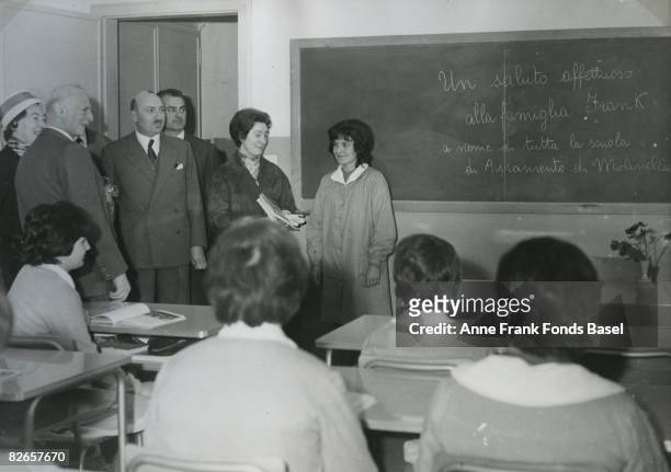 Otto Frank , father of Anne Frank, and his second wife Fritzi visit a school in Molinella, in the province of Bologna, Italy, April 1963.